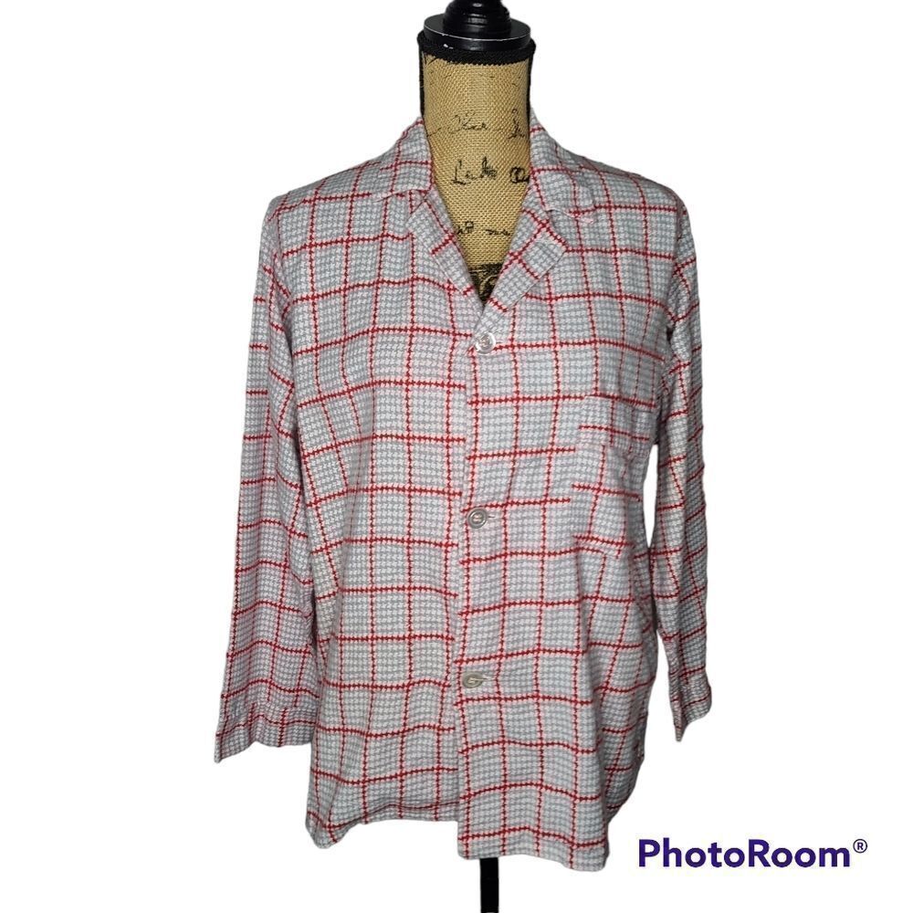 Vintage 70's Red White Houndstooth Button Down Flannel Top